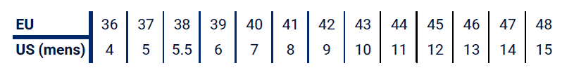 bekina soft toe size chart