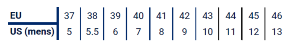 Bekina ergonomic insoles size chart