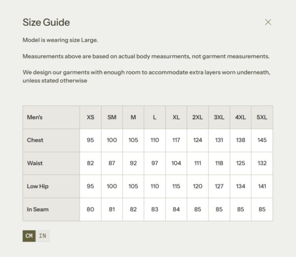 Mens Winter Jacket Size Chart